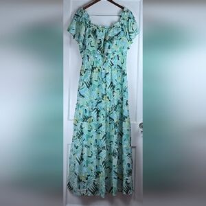 Rabbit Rabbit Rabbit Aqua Tropical Floral Ruffled Maxi Dress Size 16